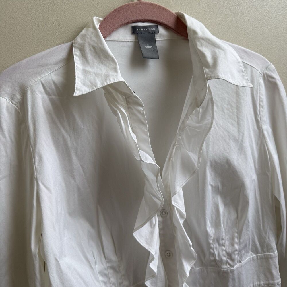 Ann Taylor White Blouse Long Sleeve Ruffled Size 6 White Cotton Blend